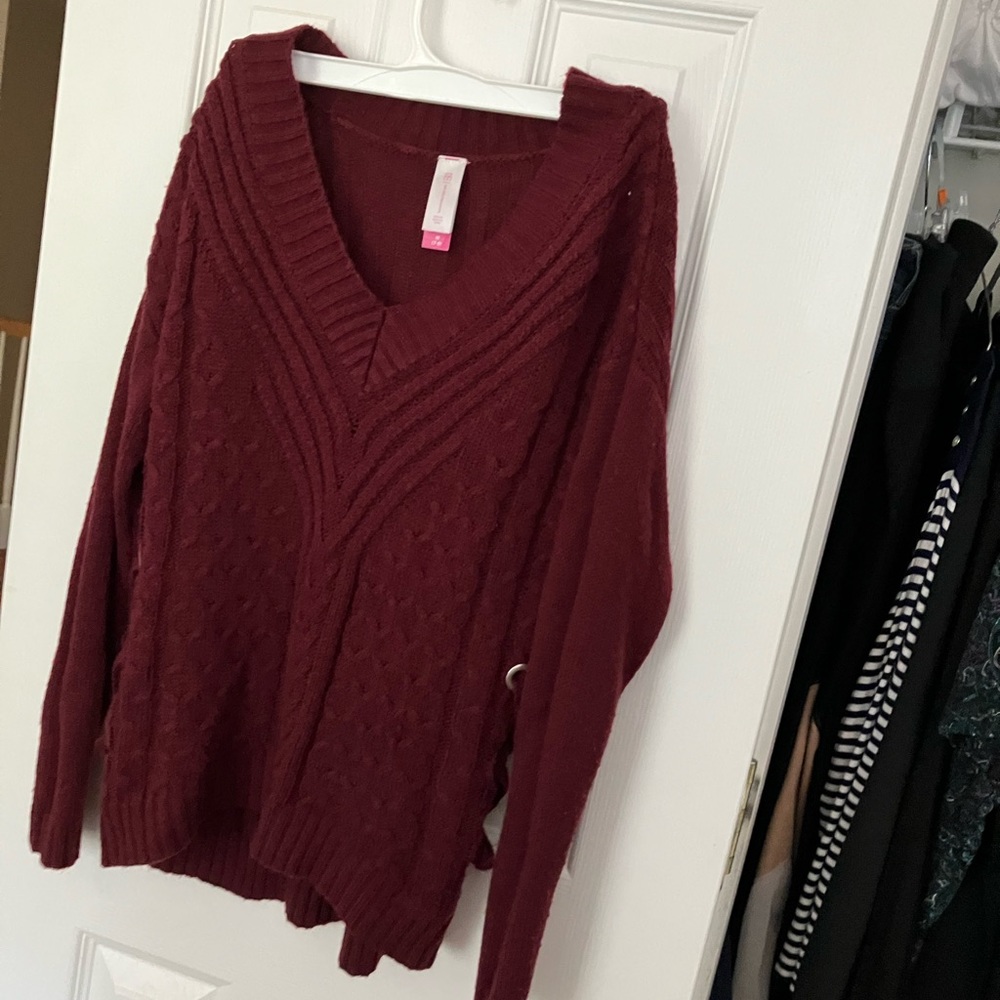 No Boundaries Burgundy Knit Lace Up Detail Sweater